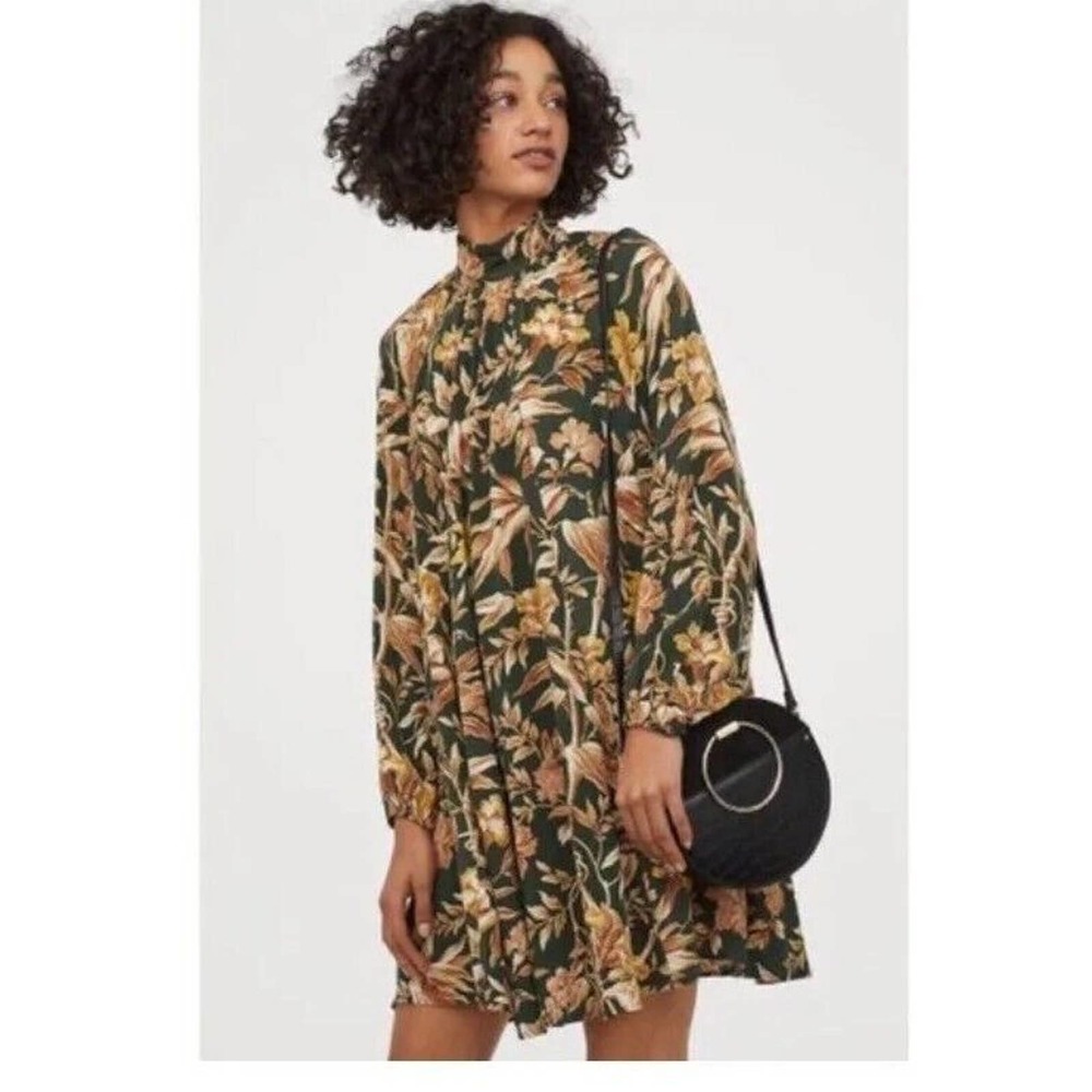 Womens H&M size 10 Khaki Green Floral Long Sleeve High Neck Flowy Shift Dress